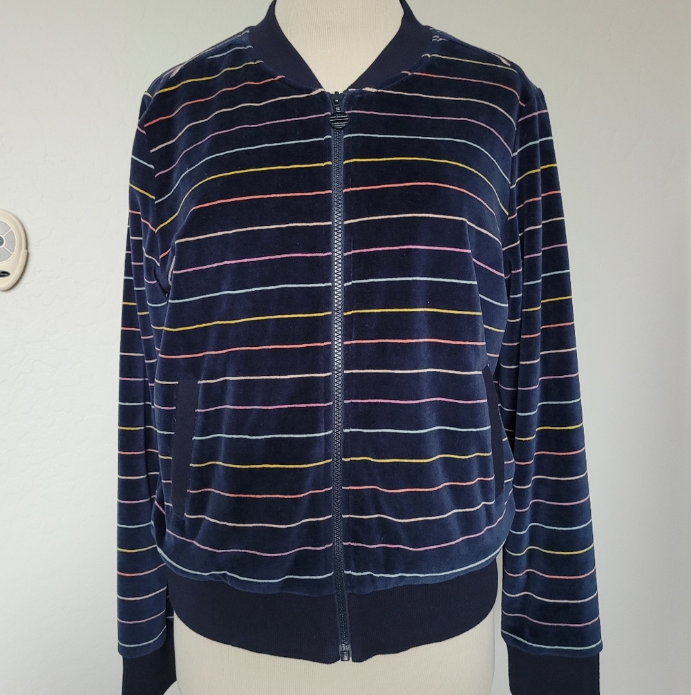 Marine Layer Jacket Auckland Velour Bomber Navy Stripe Zip Up Track Coat - Picture 2 of 10